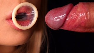 CLOSE UP: HORNY CONDOM BLOWJOB! She BROKE the CONDOM and Got ALL CUM in MOUTH! ASMR Dick Sucking 4K